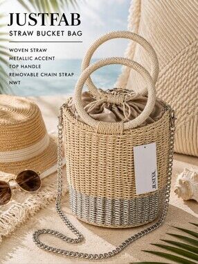 JustFab Straw Bucket Bag Hobo Metallic Silver Woven Chain Strap Boho Coastal NWT